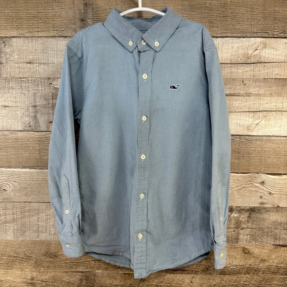 Vineyard Vines Boys Whale Shirt Blue Cotton Blend Button Down Size 6